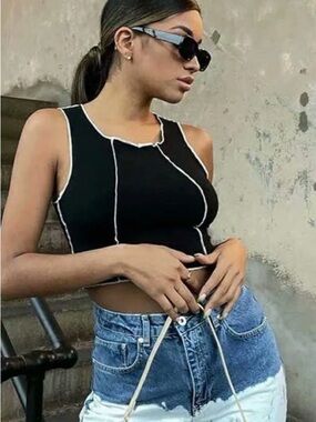 Princess Polly Black Crop Tank with White Contrast Stitching